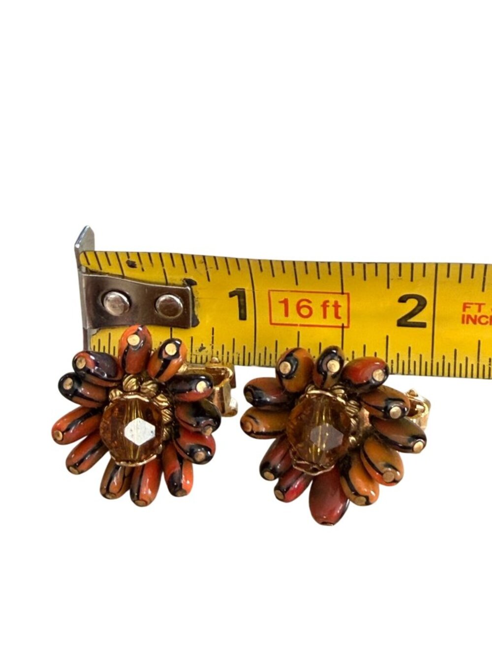 Vintage HOBE Signed Autumn Orange Black Art Glass Bead Cluster Clip Earrings - Picture 2 of 6